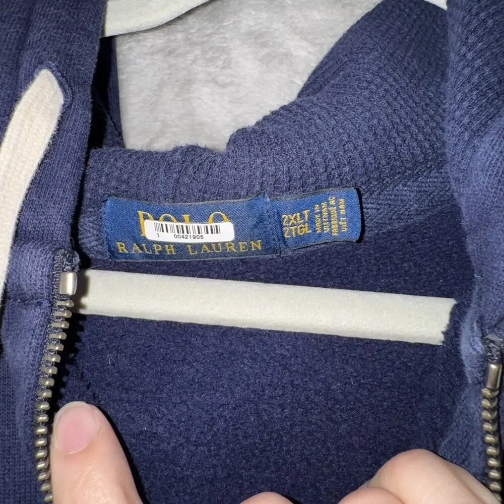 Polo Ralph Lauren Mens Blue Full Zip Hoodie Big Tall 2XLT Fleece Heavyweight